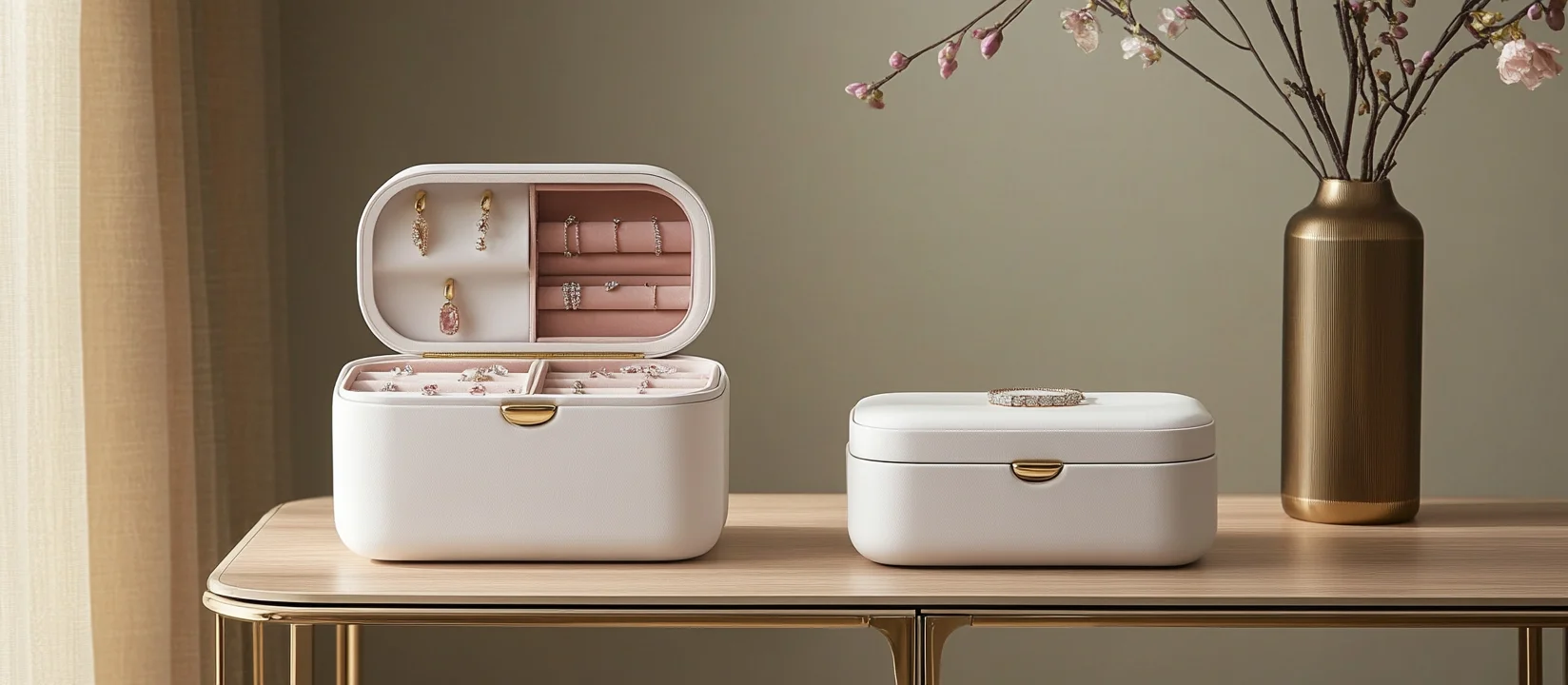 Two different style jewlery travel boxes, one is open and the other is closed.